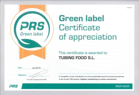 Certificado PRS Green Label de Tubing Food